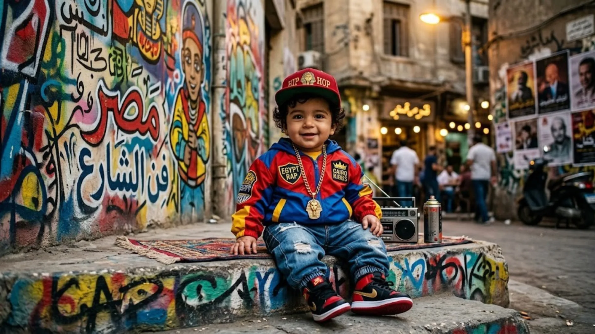 AI-generated baby in hip hop outfit with cap and sneakers sitting in a graffiti wall street setup with dramatic lighting